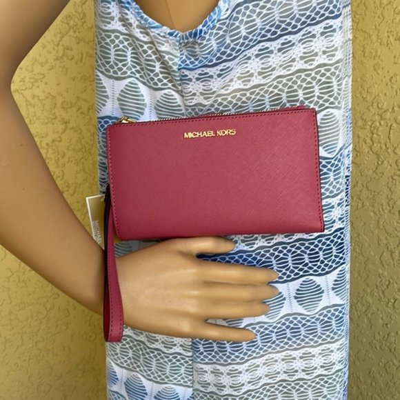 Michael Kors Jet Set Travel Large Double Zip Wristlet Wallet Rosewood Leather - Picture 12 of 16